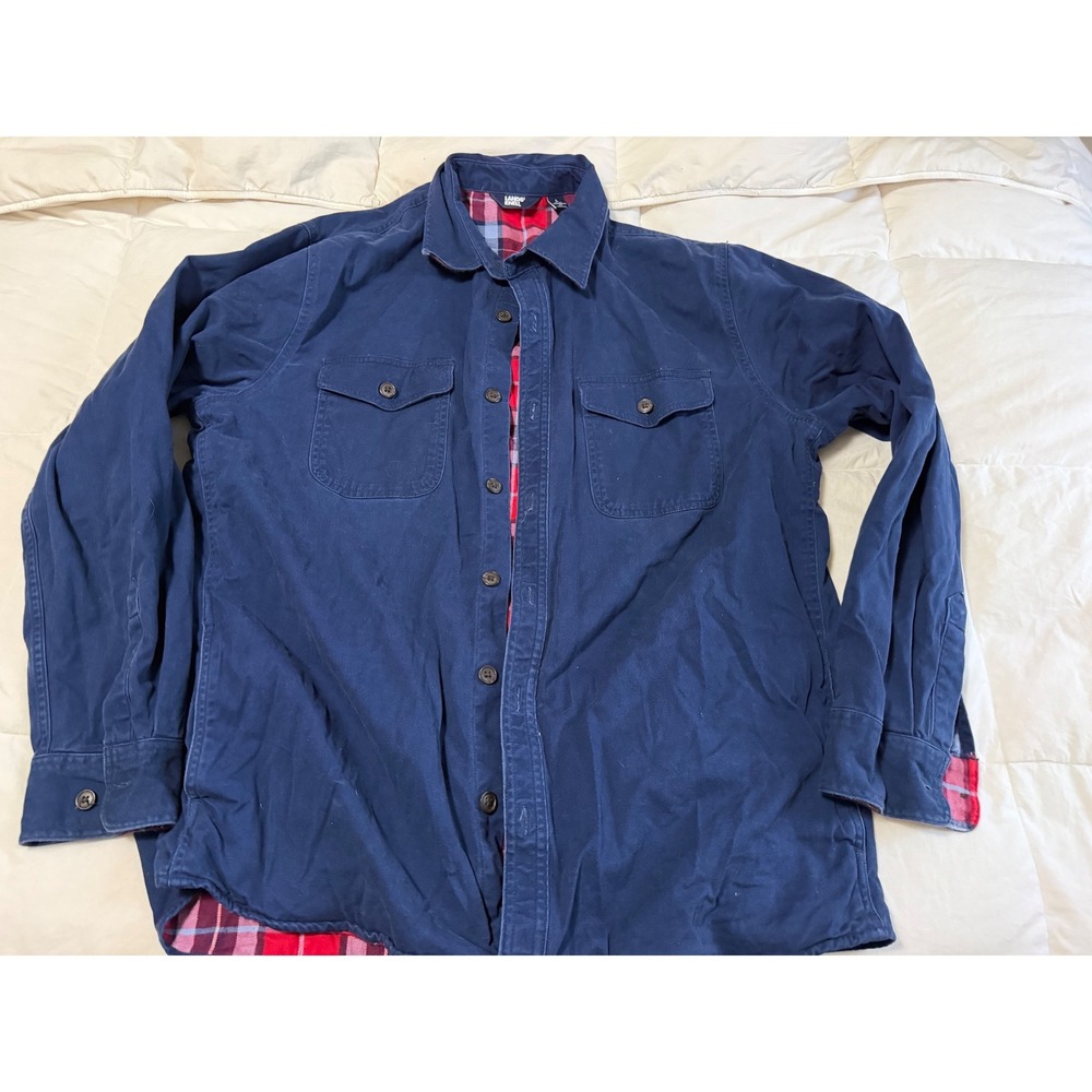 Lands End Mens L Navy Blue Flannel Lined Shirt Jacket Plaid Canvas Fit 42-44